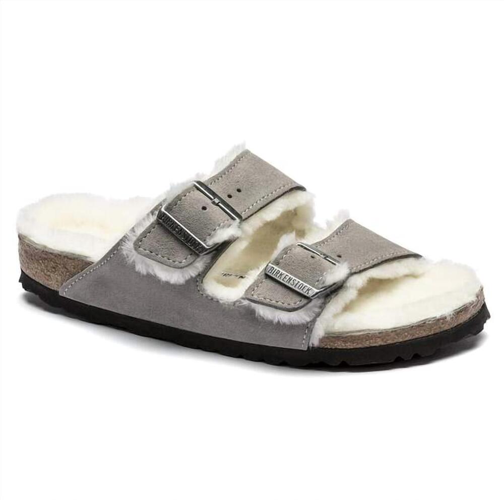 NEW BIRKENSTOCK women's arizona shearling slipper sandals - narrow width in ston